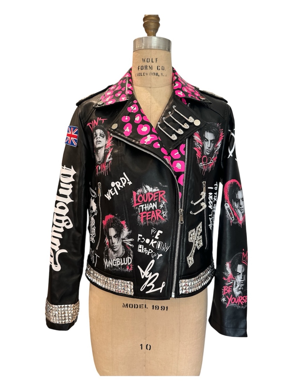 Women's Black YUNGBLUD Biker Jacket with Pink Accents, custom made. size M